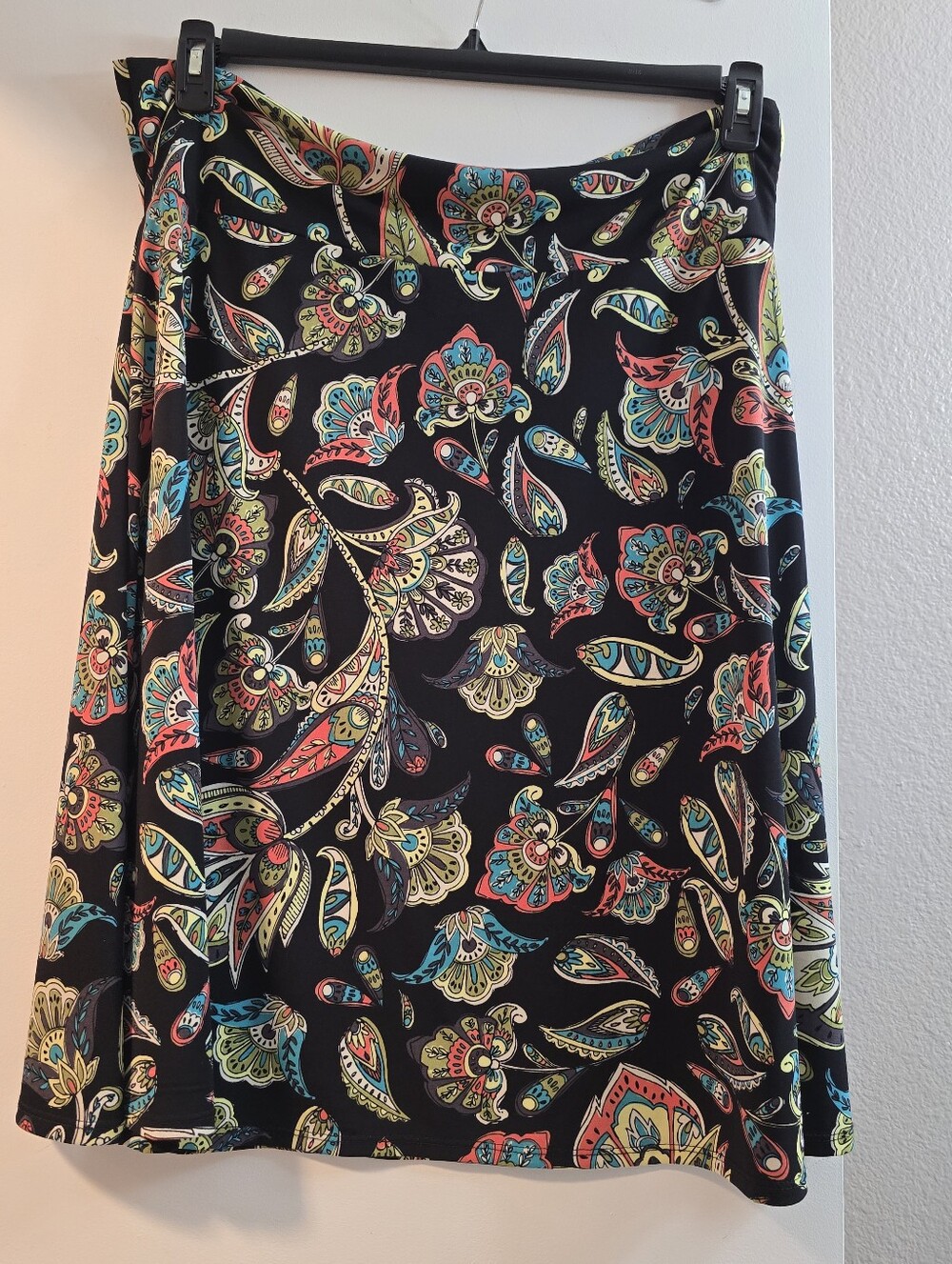 817 LuLaRoe Black A-Line Skirt with Coral, Teal & Yellow Paisley Print